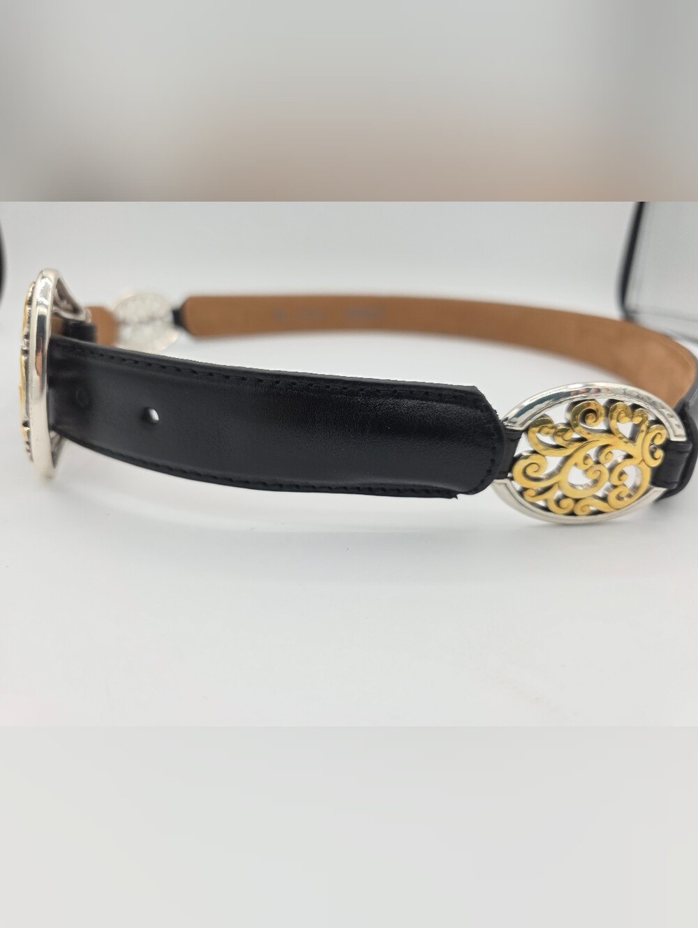 Brighton B60293 Black Leather Belt Retired Two Tone Scroll Buckle Size 38 - Picture 2 of 11